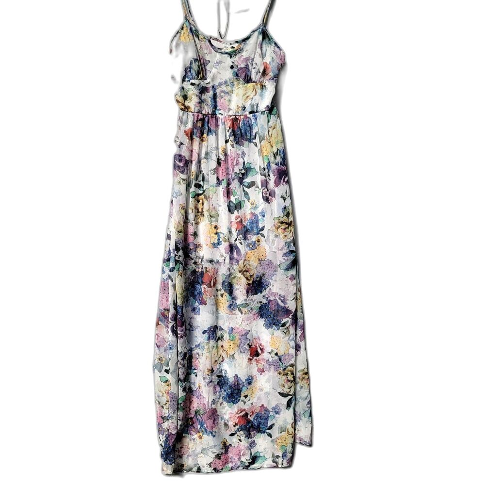 Watercolor Maxi Floral Print Dress Adjustable Strap Peek a Boo Keyhole Cut Out S